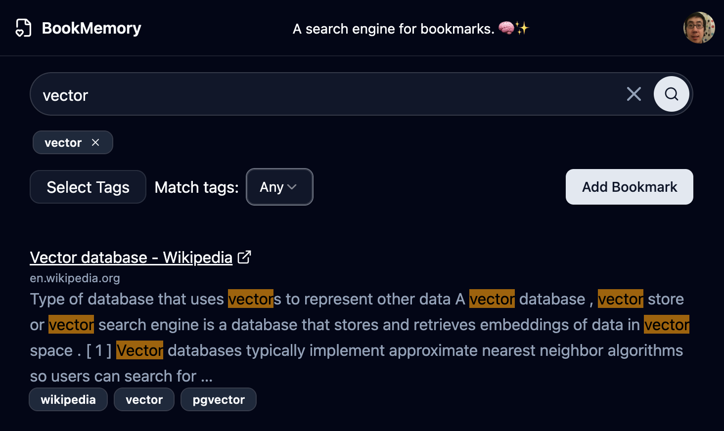 BookMemory detail view showing an AI-generated bookmark summaries, extracted descriptions, tags, and related bookmarks powered by semantic search.
