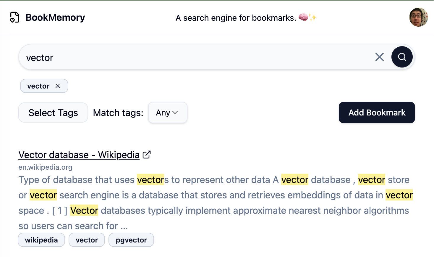 BookMemory detail view showing an AI-generated bookmark summaries, extracted descriptions, tags, and related bookmarks powered by semantic search.